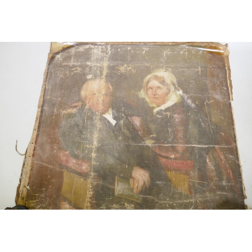 911 - C19th British school, portrait of a lady and gentleman, unsigned, AF removed from stretcher, 130 x 1... 