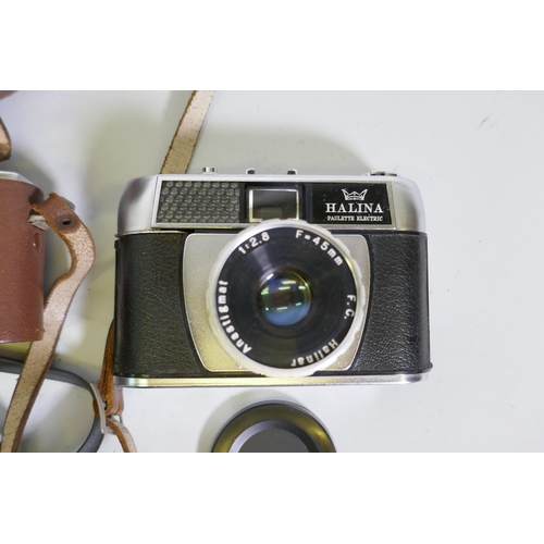 114 - Halina 35mm cameras, two Paulette electric, Halina 35X, with 3.5 f/45mm lens, and a Halina 2000 with... 