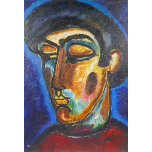 920 - A Russian expressionist portrait of a man, indistinctly signed, oil on canvas board, 37 x 50cm