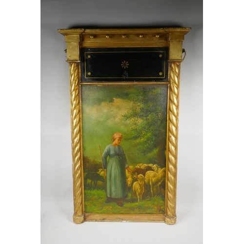 921 - An antique gilt wood pier glass frame housing an oil portrait of a shepherdess, rebate 39 x 61cm