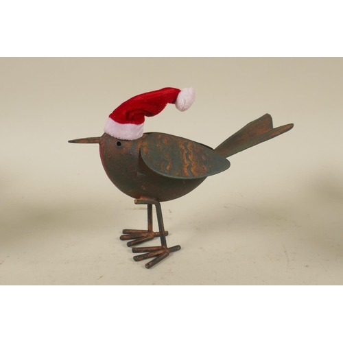 1 - Four forged metal Christmas robins, 12cm high