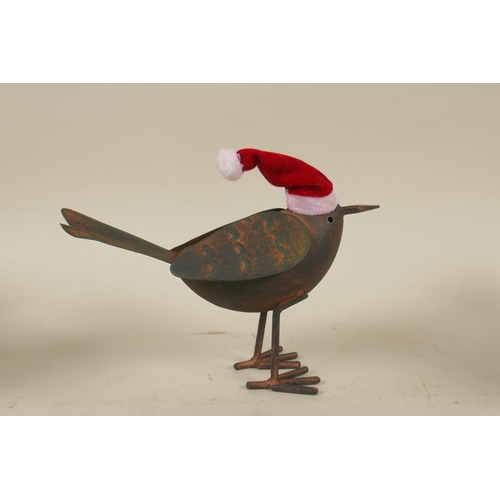 1 - Four forged metal Christmas robins, 12cm high