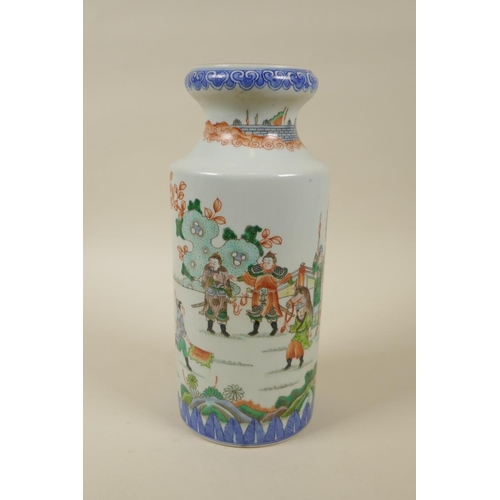 100 - A Chinese famille verte porcelain vase with a waisted neck, decorated with warriors in training, Kan... 