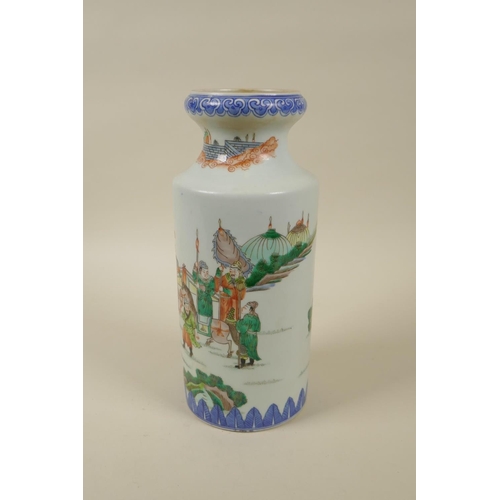 100 - A Chinese famille verte porcelain vase with a waisted neck, decorated with warriors in training, Kan... 