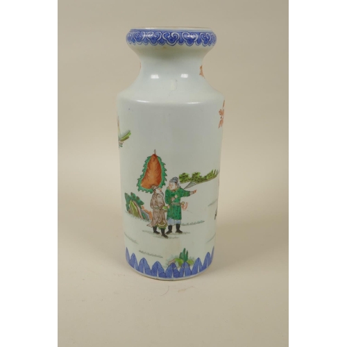 100 - A Chinese famille verte porcelain vase with a waisted neck, decorated with warriors in training, Kan... 