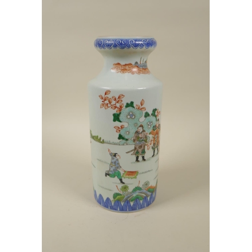 100 - A Chinese famille verte porcelain vase with a waisted neck, decorated with warriors in training, Kan... 