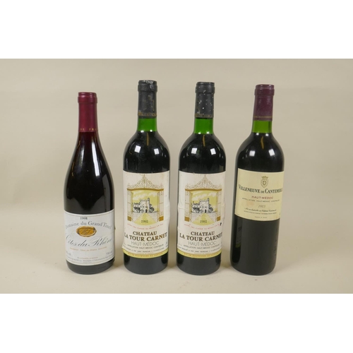 101 - Four bottles of red wine to include a Domaine du Grand Tinel Cotes du Rhone 1998, a Baron Villeneuve... 