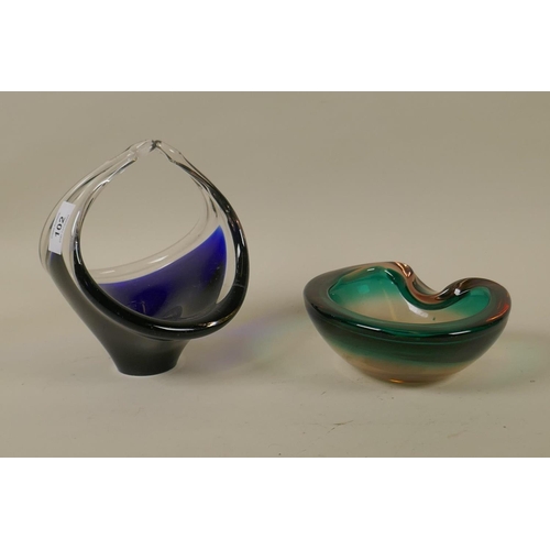 102 - Murano glass bowl, 17cm diameter, and a blue glass bowl, 18cm high