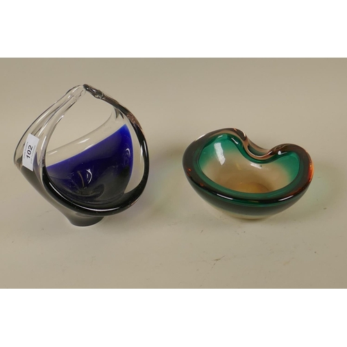 102 - Murano glass bowl, 17cm diameter, and a blue glass bowl, 18cm high