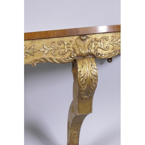 1071 - Antique giltwood console table, D shaped top with book matched figured mahogany and frieze with moul... 