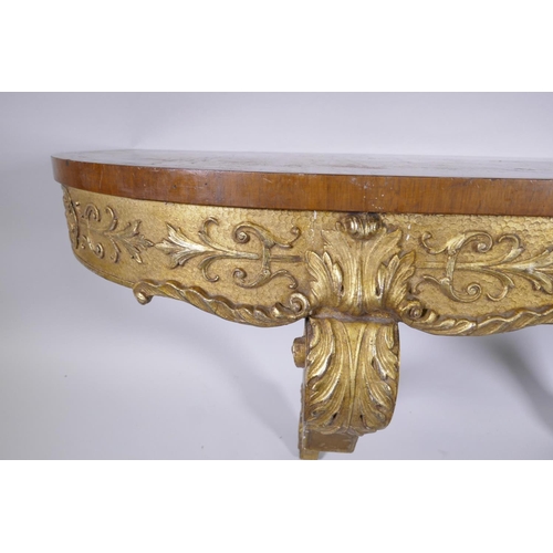 1071 - Antique giltwood console table, D shaped top with book matched figured mahogany and frieze with moul... 