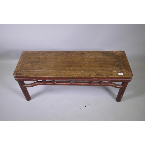 1074 - A Chinese elm topped hardwood bench, 105 x 36cm, 44cm high