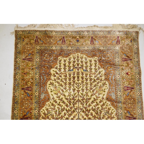 1083 - A Turkish Hereke silk carpet/wall hanging with tree of life design on a gold field, 155 x 165cm