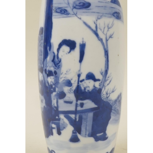 13 - A C19th Chinese blue and white ceramic sleeve vase, decorated with a garden scene, KangXi mark to ba... 