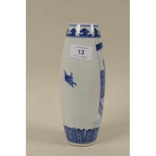 13 - A C19th Chinese blue and white ceramic sleeve vase, decorated with a garden scene, KangXi mark to ba... 