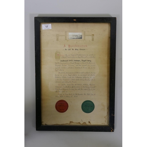 17 - A Royal Navy Sea Baptism certificate, confirming the initiation of Lt. D.R.C. Hodson, R.N. of His Br... 