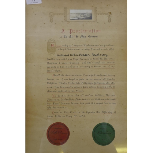 17 - A Royal Navy Sea Baptism certificate, confirming the initiation of Lt. D.R.C. Hodson, R.N. of His Br... 