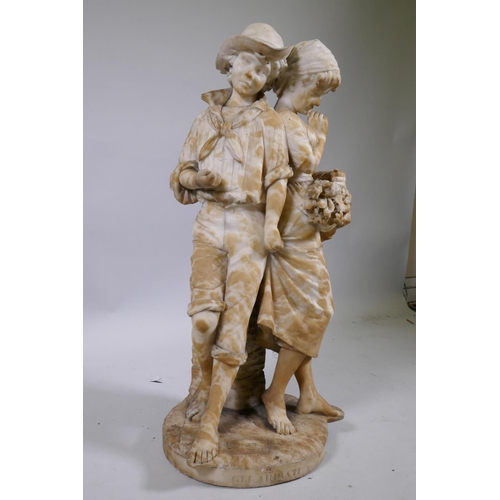 22 - Cesare Lapini, (Italian, 1848-1893), Gli Adirati, carved alabaster figure group of a boy and girl, s... 