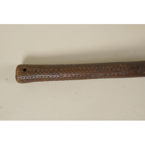 24 - A C19th Fijian carved wood throwing club (I Ula Tavatava) with fluted head and incised pattern to th... 