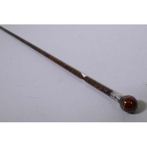 26 - Antique walking cane, with silver mount and agate handle, 85cm long