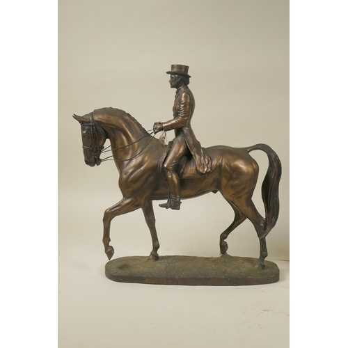 38 - A cold cast bronze of a horsewoman riding side saddle, after Harriet Glen, 29cm high, and another of... 