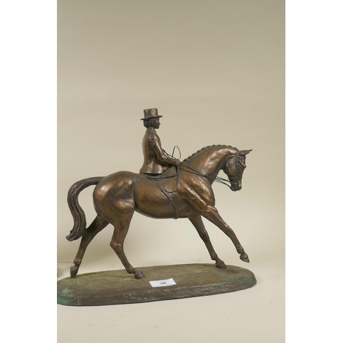 38 - A cold cast bronze of a horsewoman riding side saddle, after Harriet Glen, 29cm high, and another of... 