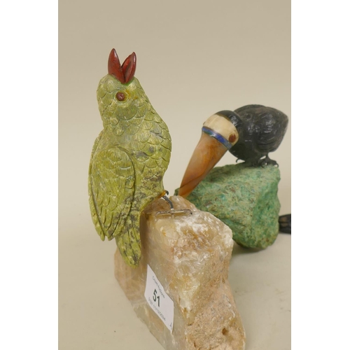 51 - Two South American carved hardstone figures of birds, largest 16cm high