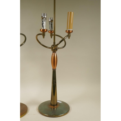 53 - A pair of mid century three branch mixed metal table lamps, 88cm high