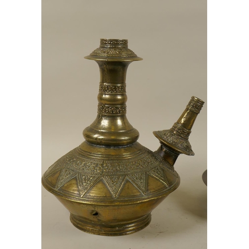 55 - Oriental brass censer, 24cm high, and a hookha base