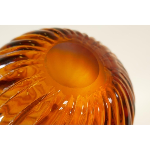 6 - A pair of vintage Bohemian hand blown amber glass tear drop shaped vases of ribbed form with long sl... 