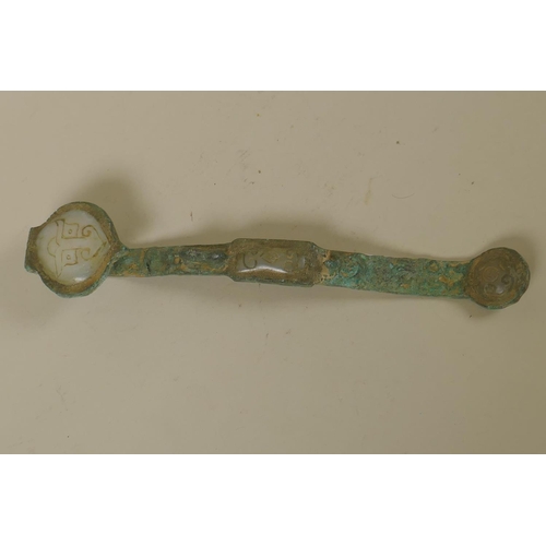 60 - A Chinese bronze ruyi inset with soapstone, AF, 30cm long