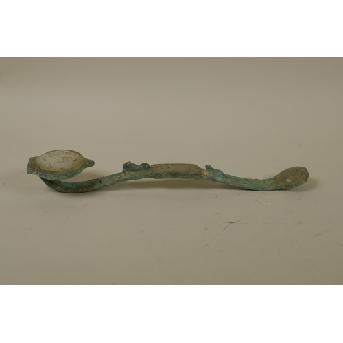 60 - A Chinese bronze ruyi inset with soapstone, AF, 30cm long