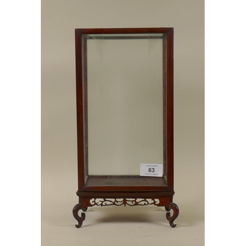 63 - A Chinese table display cabinet raised on a pierced wood base, 18 x 13 x 34cm