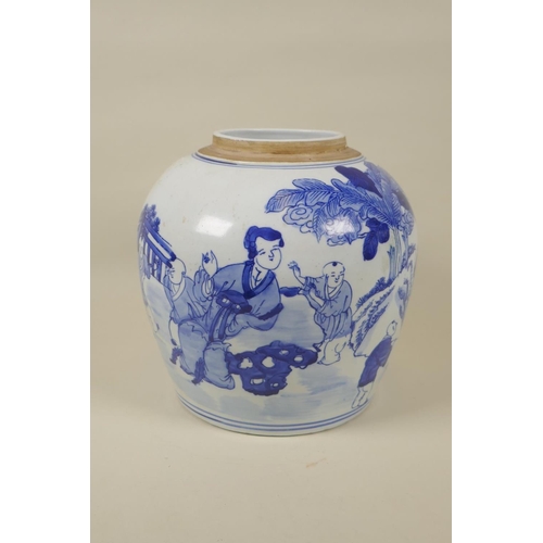 70 - A Chinese republic period blue and white porcelain ginger jar decorated with women and children play... 