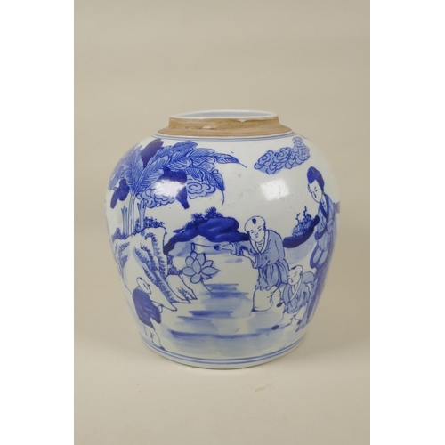 70 - A Chinese republic period blue and white porcelain ginger jar decorated with women and children play... 