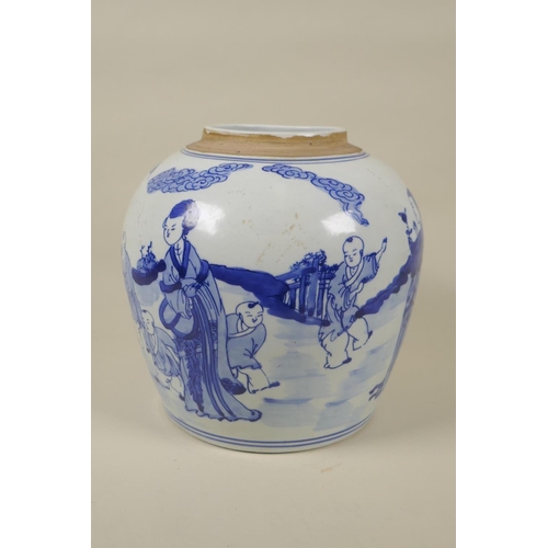 70 - A Chinese republic period blue and white porcelain ginger jar decorated with women and children play... 