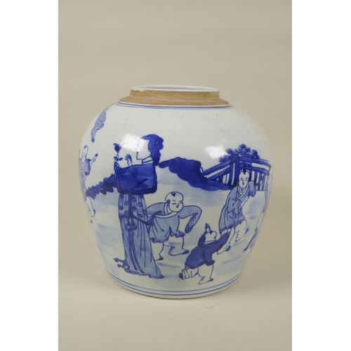 70 - A Chinese republic period blue and white porcelain ginger jar decorated with women and children play... 