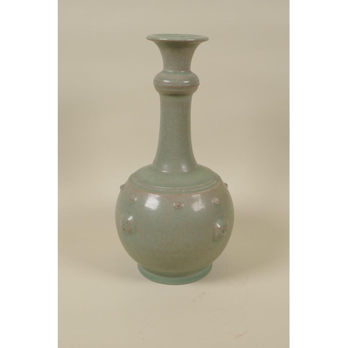 75 - A Chinese ru ware style celadon crackle glazed porcelain vase with mask decoration, 29cm high