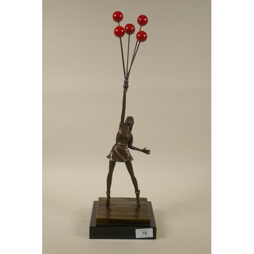 78 - After Banksy, a bronze figure of a girl with red balloons, inscribed Banksy, mounted on a marble bas... 