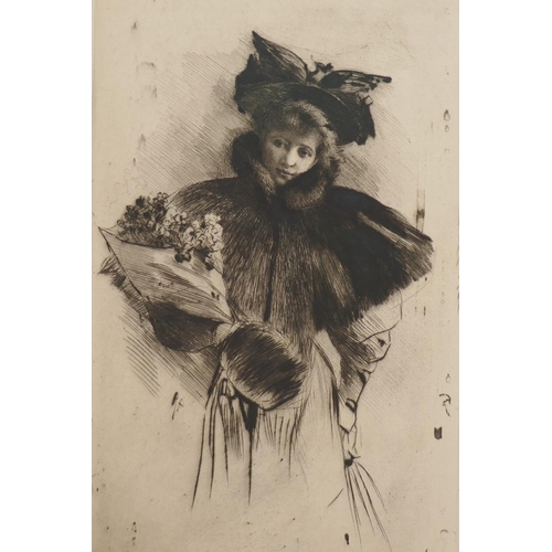 801 - Rodolphe Piquet, (French, 1840-1915), woman bearing a bouquet of flowers, signed etching, sheet 27 x... 