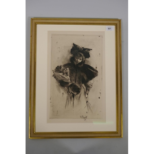 801 - Rodolphe Piquet, (French, 1840-1915), woman bearing a bouquet of flowers, signed etching, sheet 27 x... 