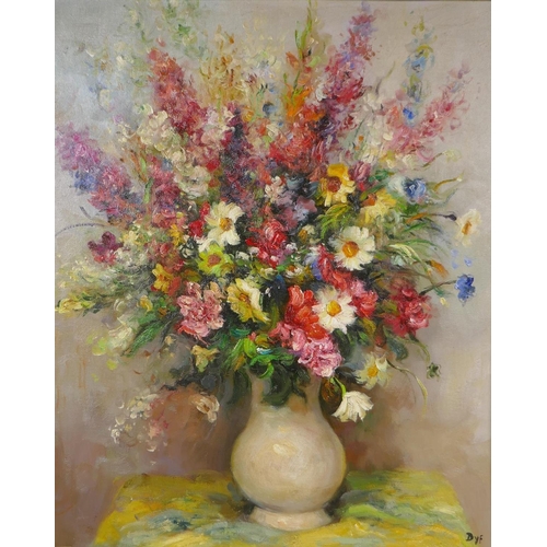 806 - An Impressionist still life with flowers, signed Dyf, oil on card laid on board, 50 x 60cm