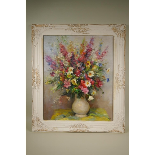 806 - An Impressionist still life with flowers, signed Dyf, oil on card laid on board, 50 x 60cm