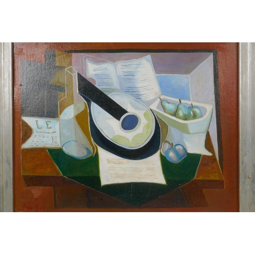 810 - After Juan Gris, (Spanish, 1887-1927), mandolin and fruit dish, cubist oil on canvas board, 50 x 40c... 