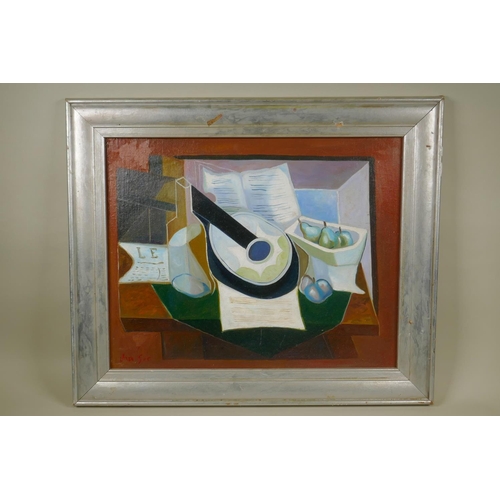 810 - After Juan Gris, (Spanish, 1887-1927), mandolin and fruit dish, cubist oil on canvas board, 50 x 40c... 