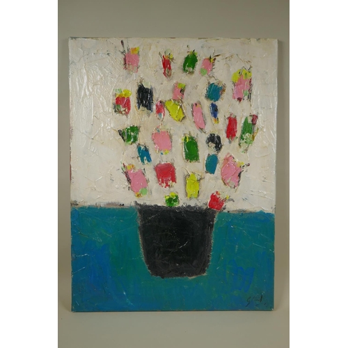 824 - Abstract still life, flowers, impasto oil on canvas, unframed, 46 x 61cm