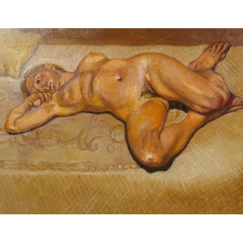 830 - After Lucien Freud, (British, 1922-2011), blonde nude on a bed, oil on canvas, oil on canvas, 51 x 4... 