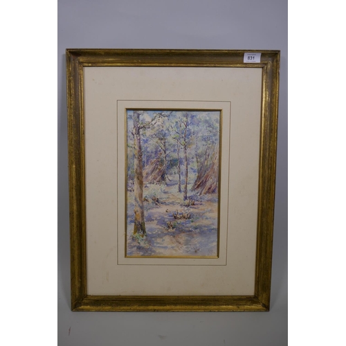 831 - Woodland path, signed with a monogram A.G., dated 1918, watercolour