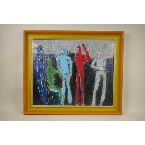 836 - Post war abstract, five figures, impasto oil on canvas, 56 x 46cm