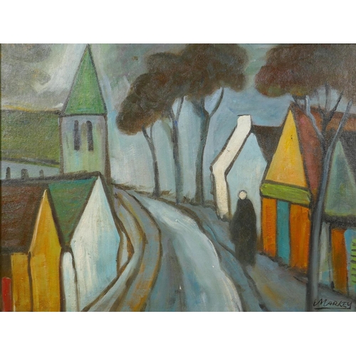 840 - Irish school, figures on a village lane, oil on canvas board, 46 x 35cm